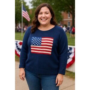 Pink Pineapple American Flag Sweater Navy Blue Knit‎ Pullover Size L